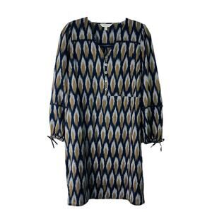 Garnet Hill blue brown boho lagenlook coastal bow button midi dress XS